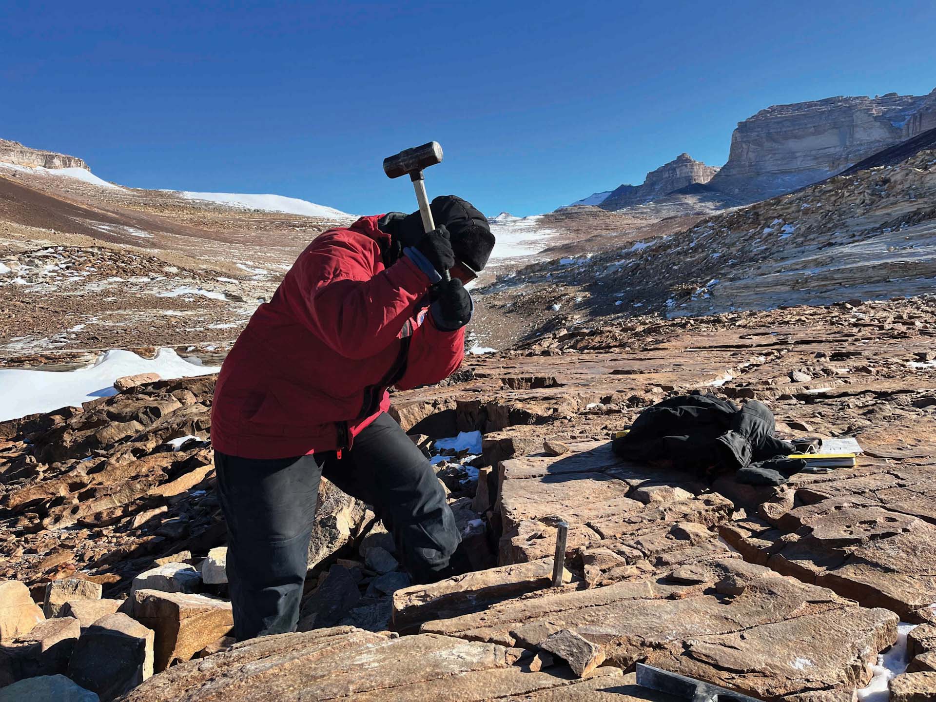 scientist pounding a stake on the field in Antarctica 
