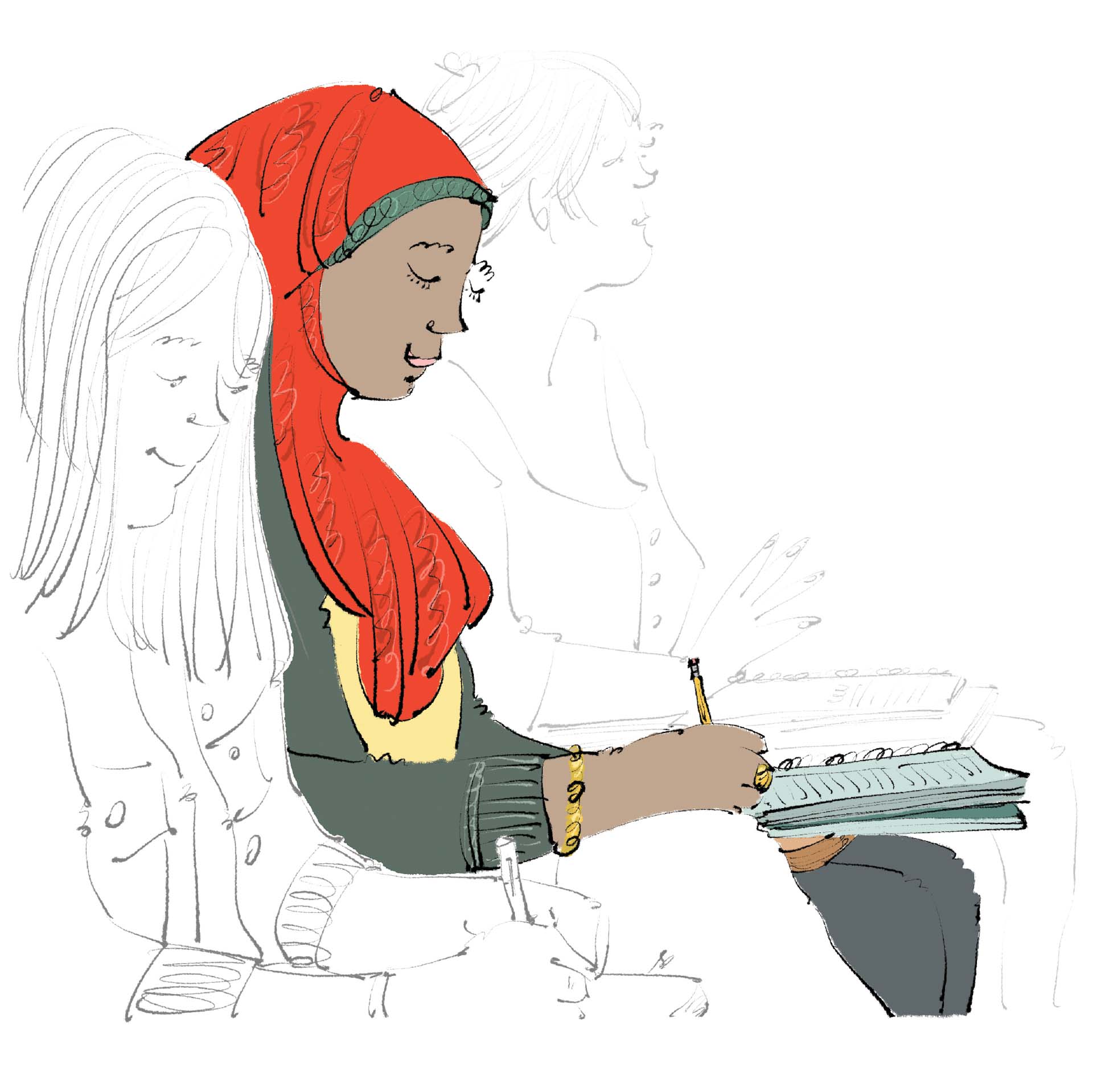 Student wearing a headscarf handwrites in a notebook, illustration