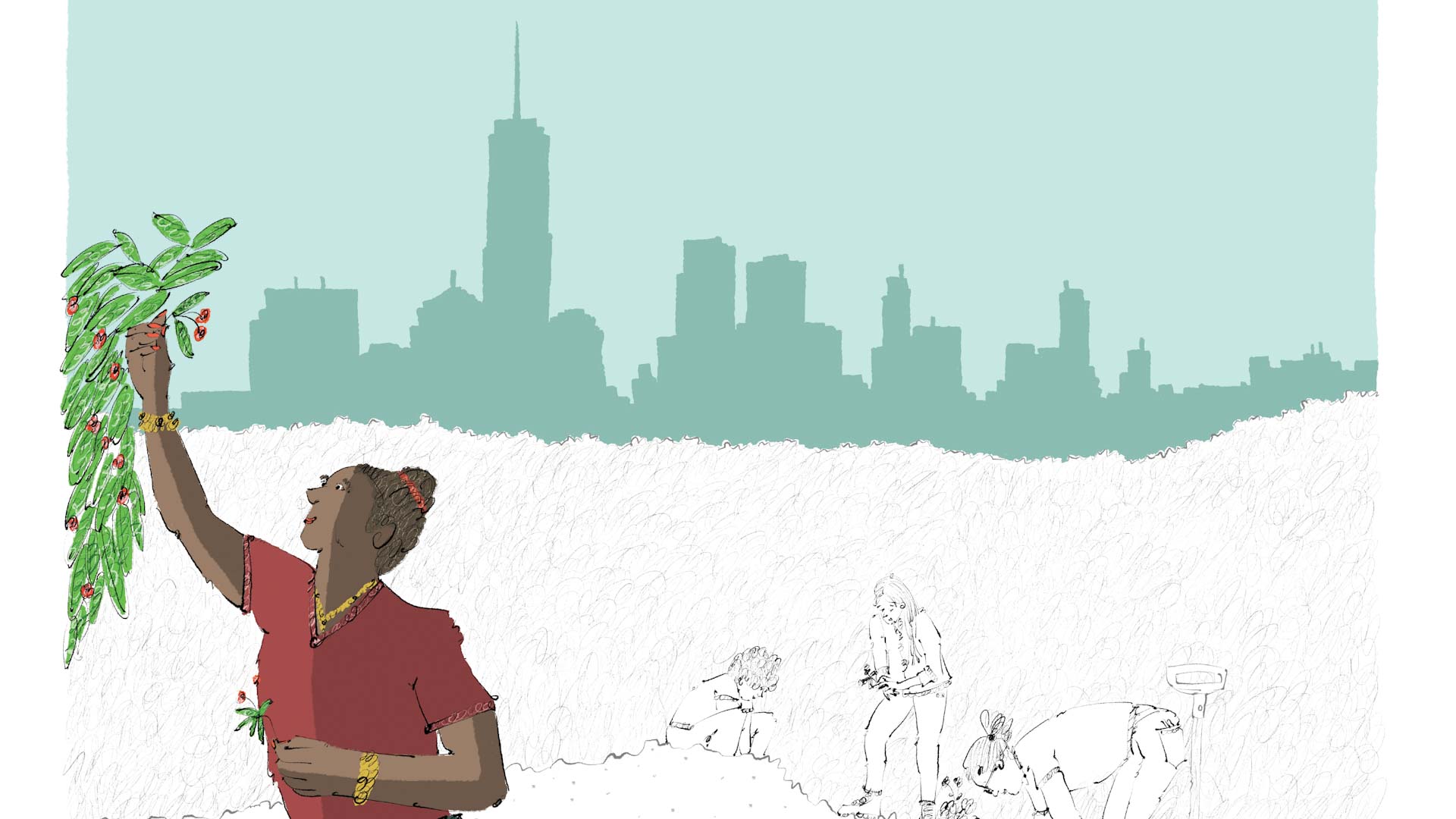 Student picking a flower from a tree with the NYC skyline behind, illustration