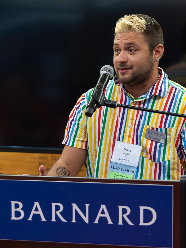 Dylan Kapit _16, Barnard_s LGBTQ+ Outreach Coordinator, Welcomes Guests to the LGBTQ+ Reception