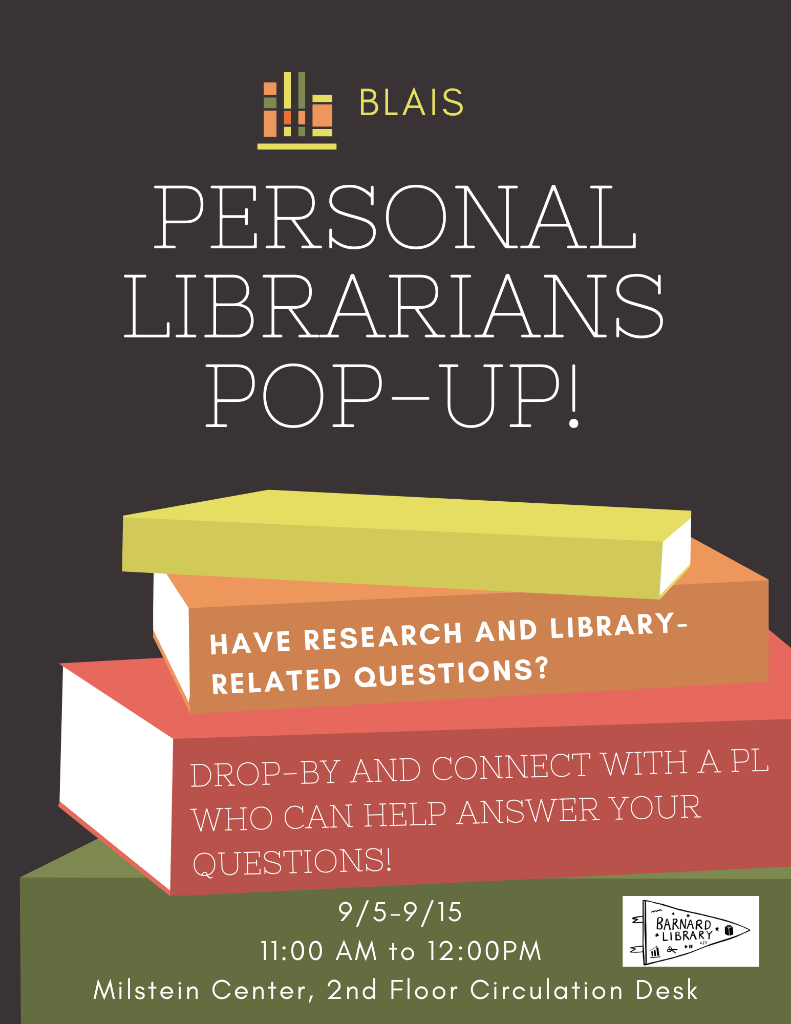 Flyer for Personal Librarians pop up with a pile of colorful books
