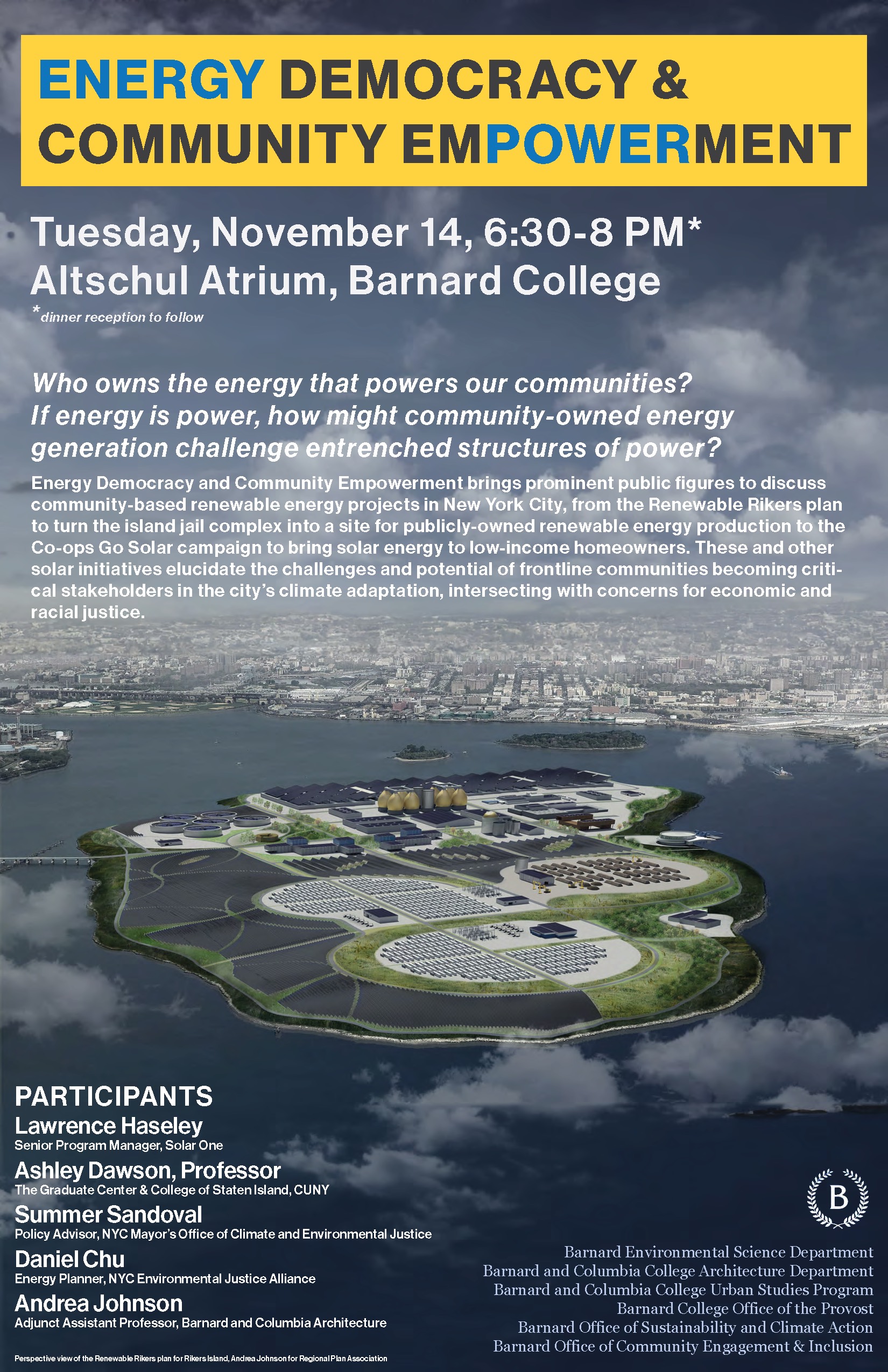 Poster for Energy Democracy and Community Empowerment event featuring a picture of Renewable Rikers.