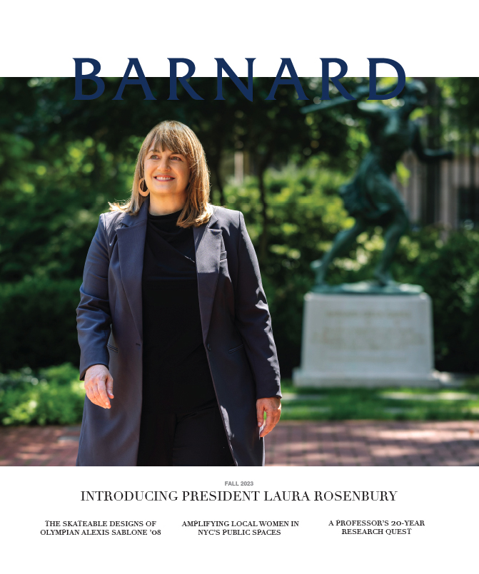 Cover of Barnard Magazine with President Rosenbury walking on campus