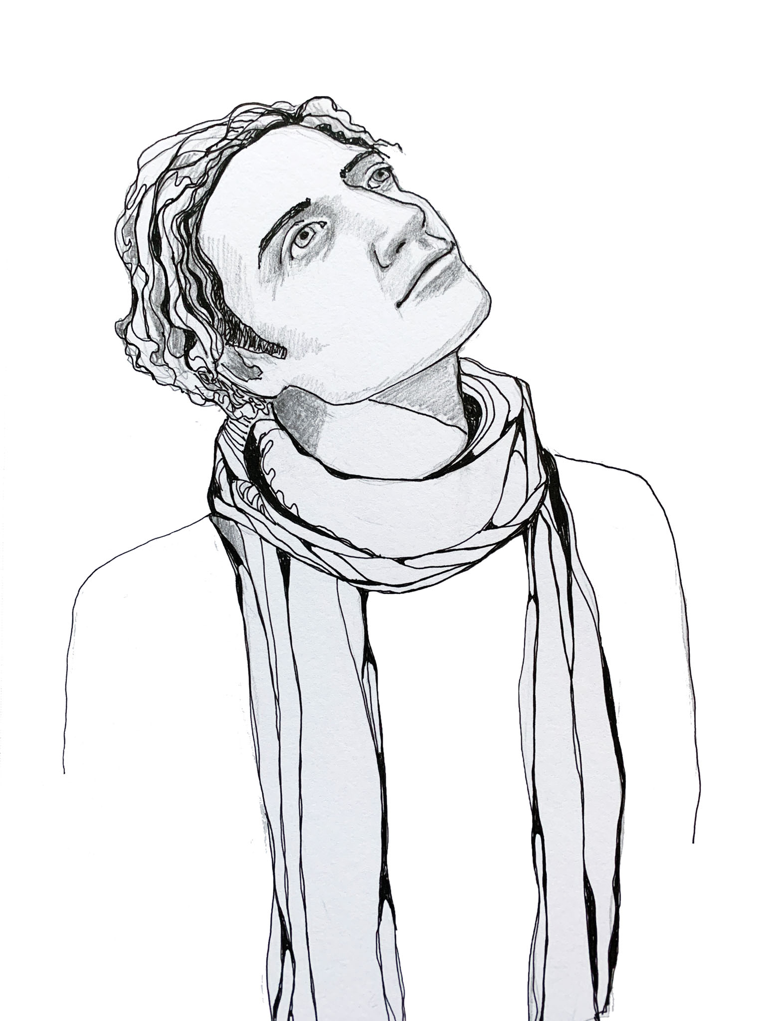 sketch of woman wearing scarf looking up