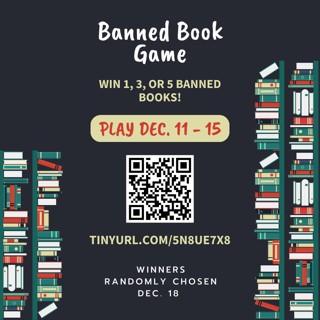 flyer for banned book game, with books piled up on the side. Text information contained within caption.
