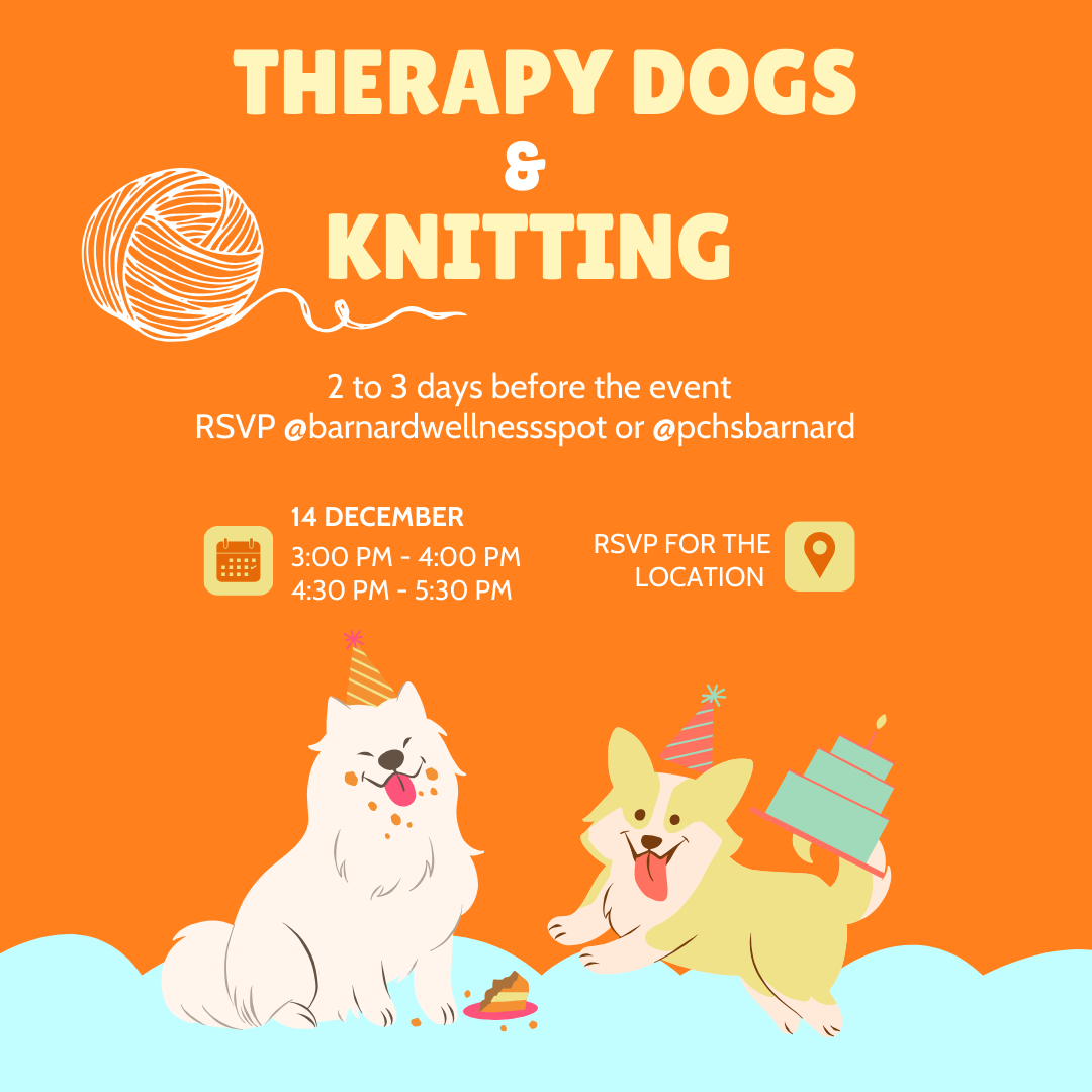 flyer for event illustration of two fluffy dogs and a ball of yarn. 