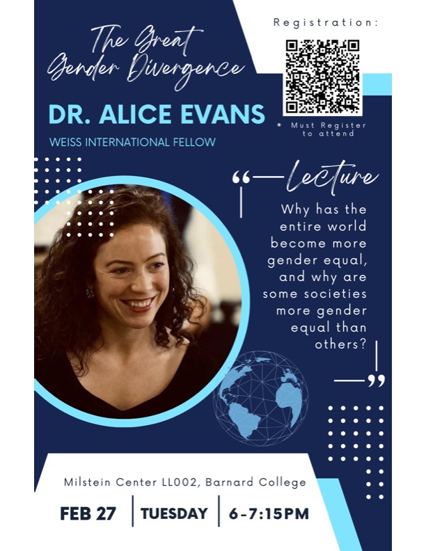 Dr. Alice Evans will lecture on her forthcoming book, "The Great Gender Divergence"