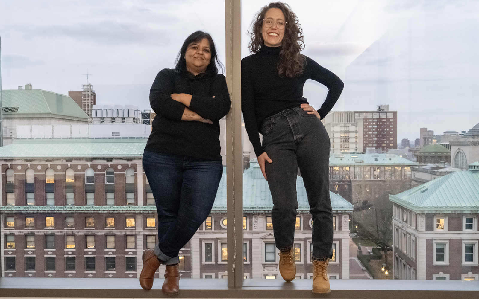 Writer-director Sushma Khadepaun and cinematographer Victoria Sendra stand in window overlooking Columbia campus