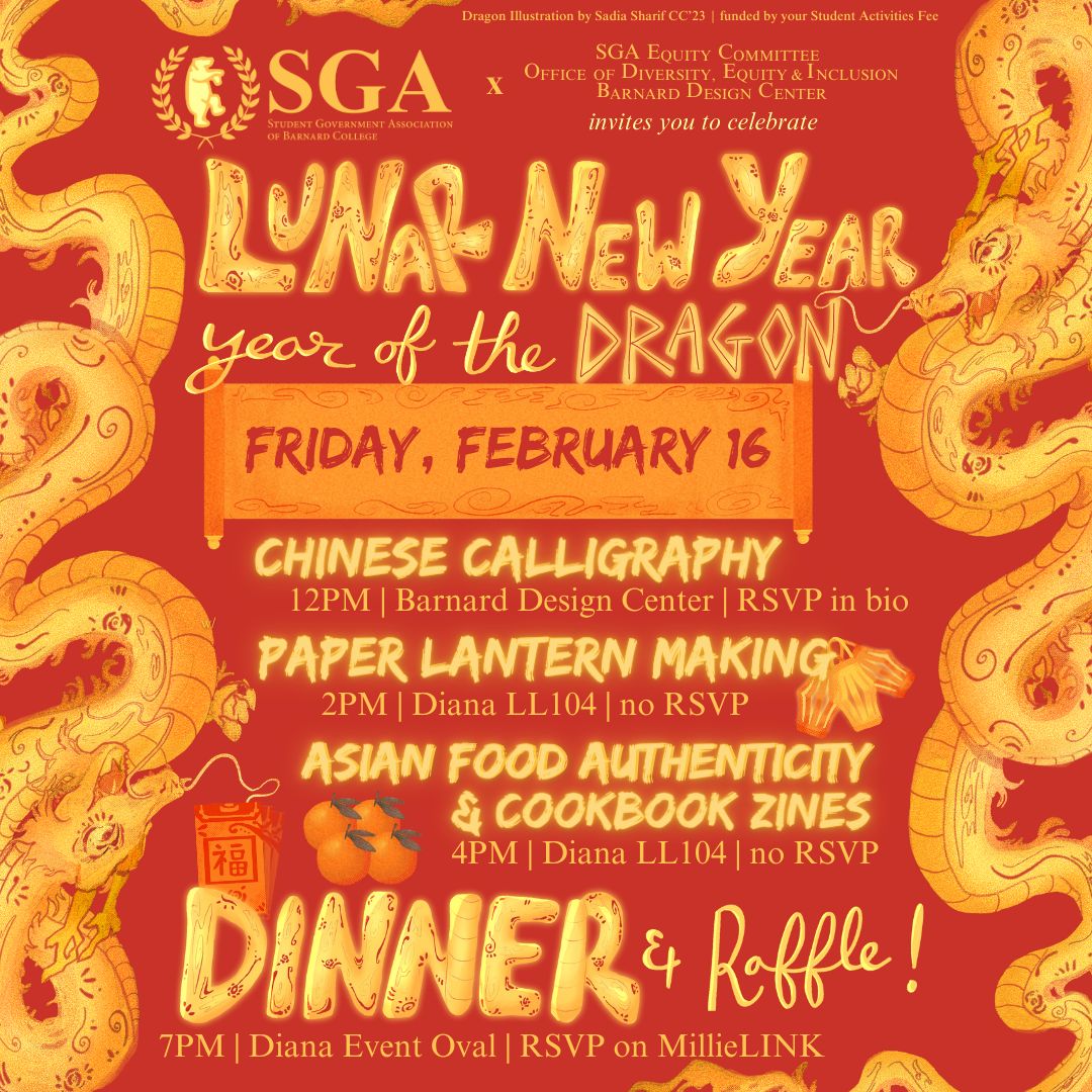 Red poster with event information for Lunar New Year