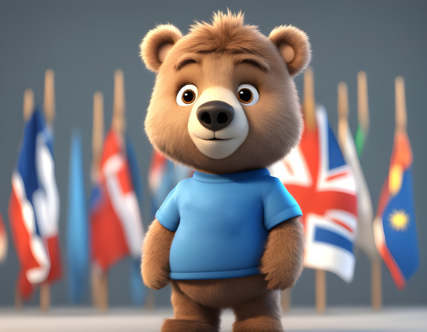 Bear standing in front of flags of the world