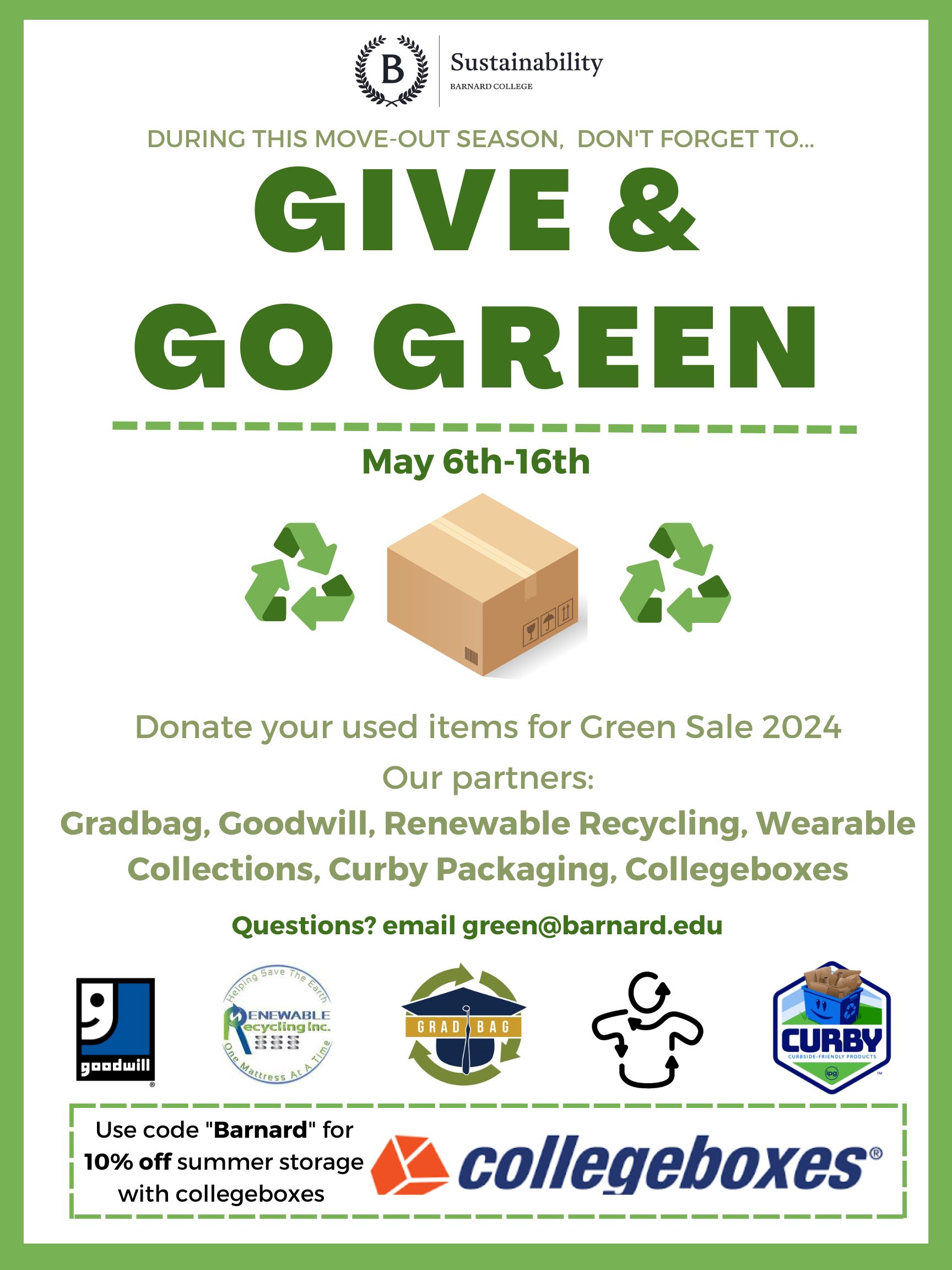 A flyer promoting the give and go green initiative accepting donations from May 6-16