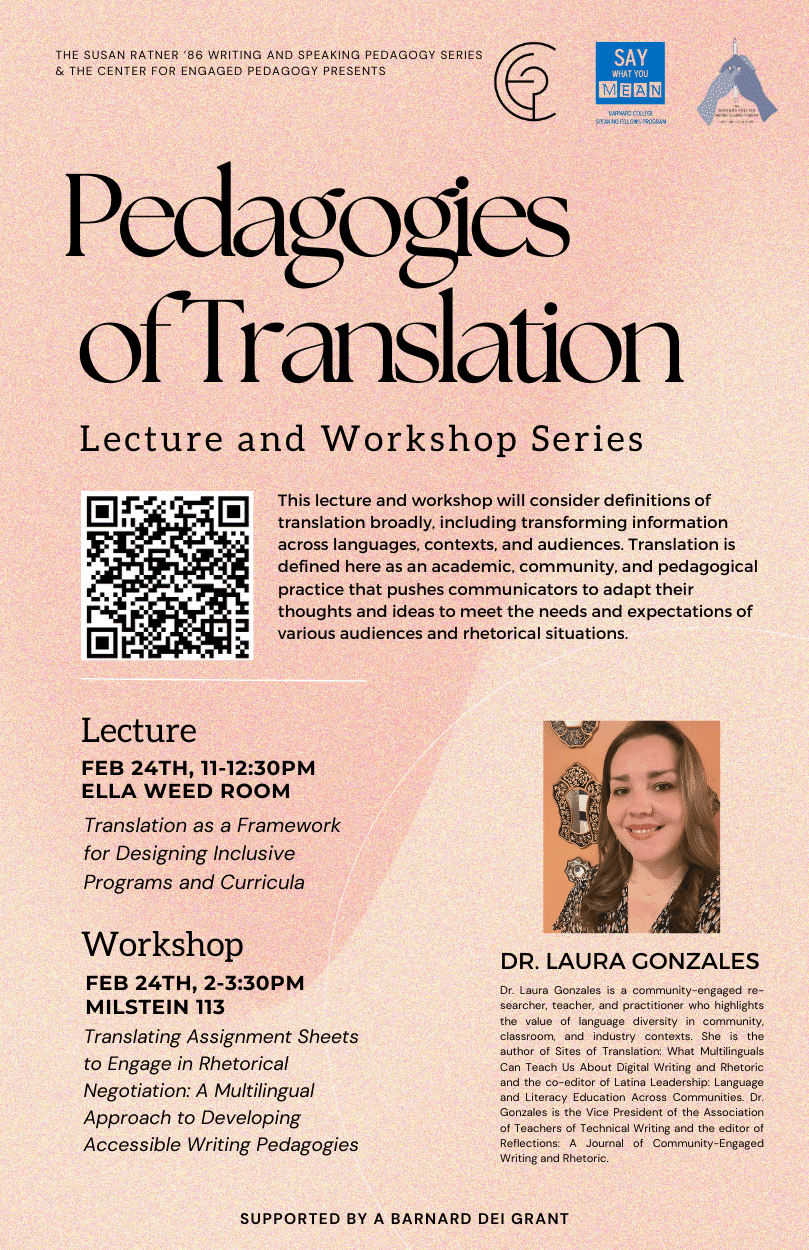 Pedagogies of Translation poster with orange watercolor background.