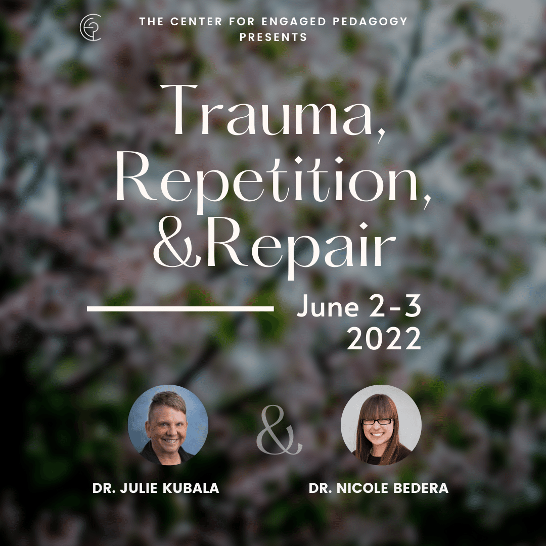 Blurred image of cherry blossoms in the background with text reading "Trauma, Repetition, and Repair."