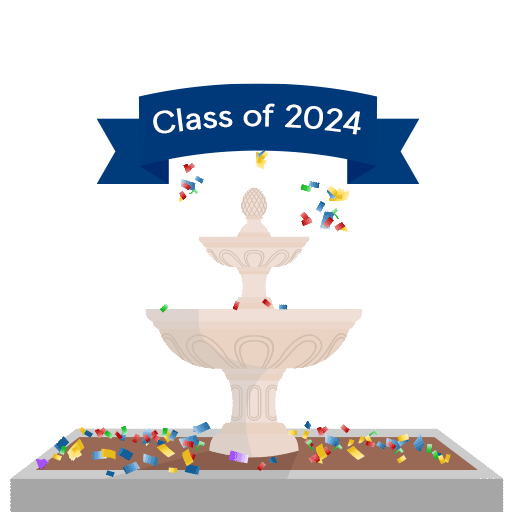 Banner reading "class of 2024" over a fountain splashing confetti