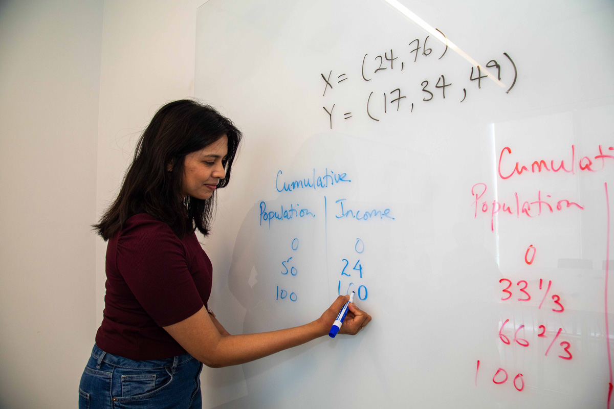 Woman writes economic calculations on whiteboard
