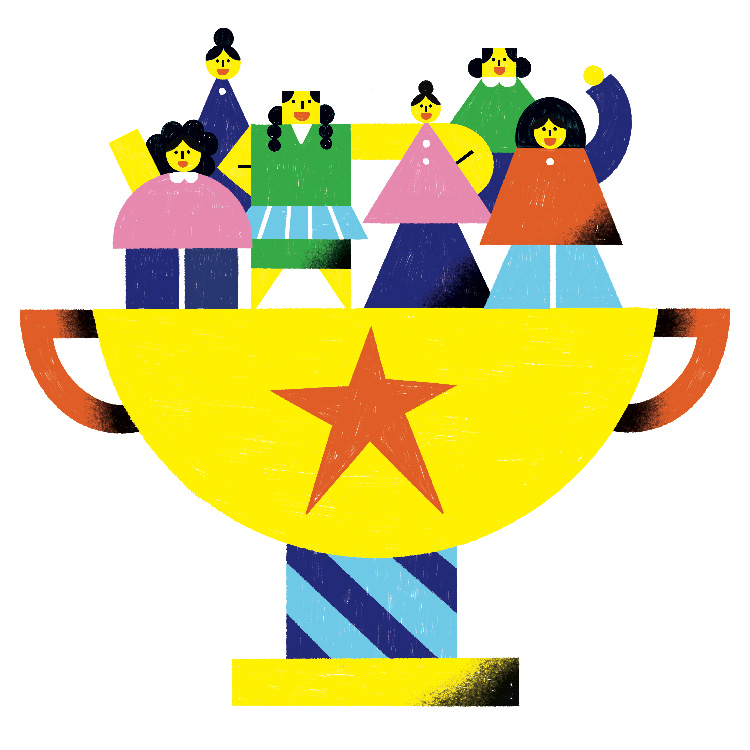 colorful illustration of several figures standing inside of a trophy cup