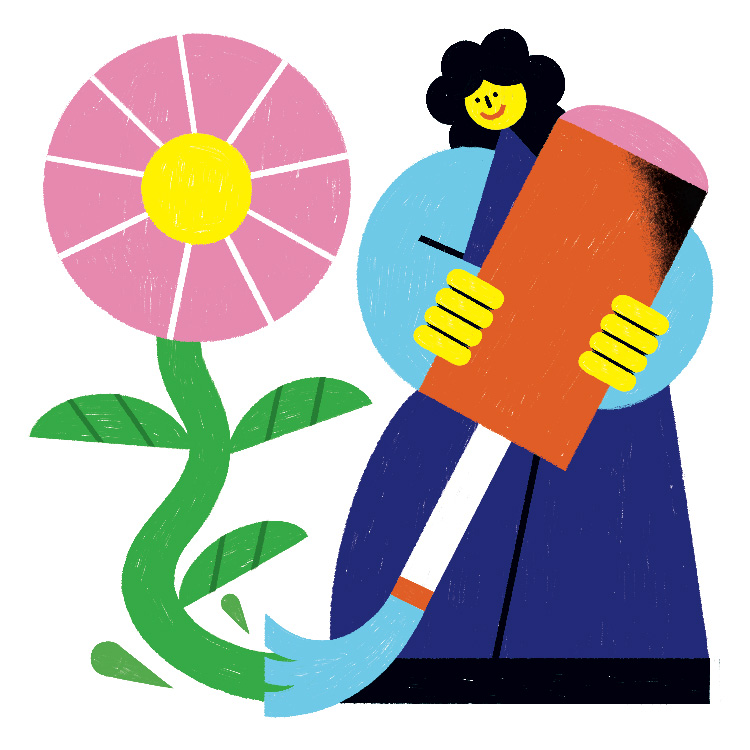 colorful illustration of figure holding polish bottle and flower