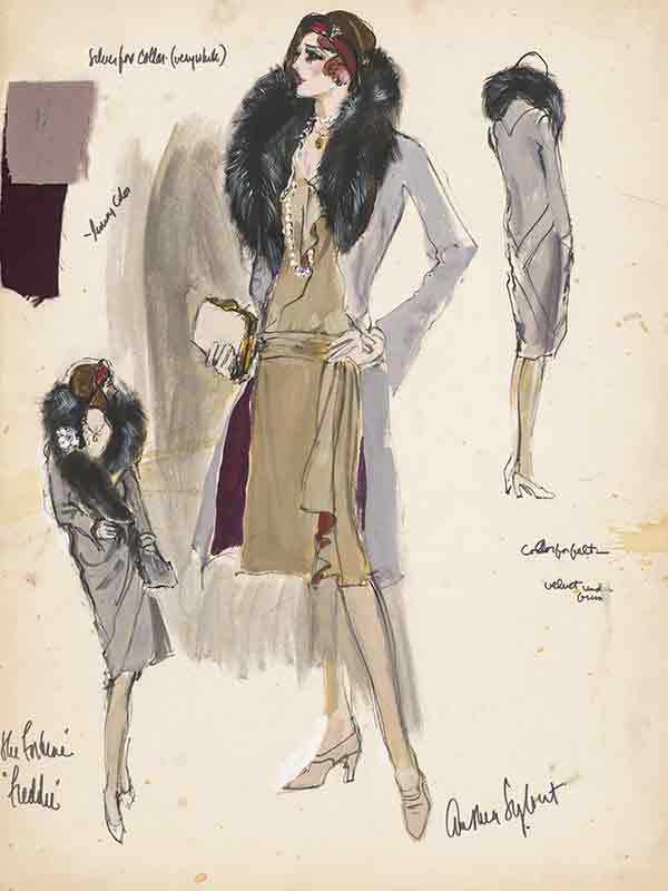 Drawing of woman in 1920s dress beneath a glamorous fur collared coat