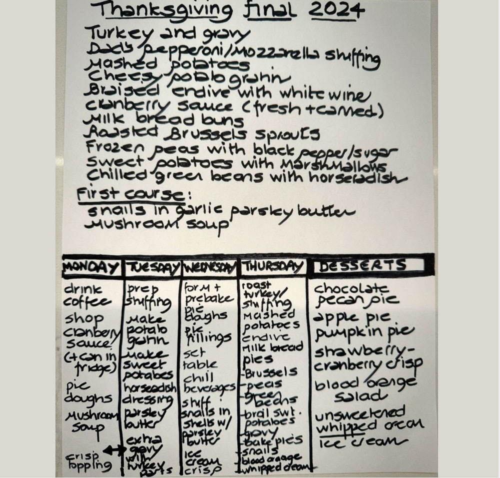 Menu in black ink of Thanksgiving schedule