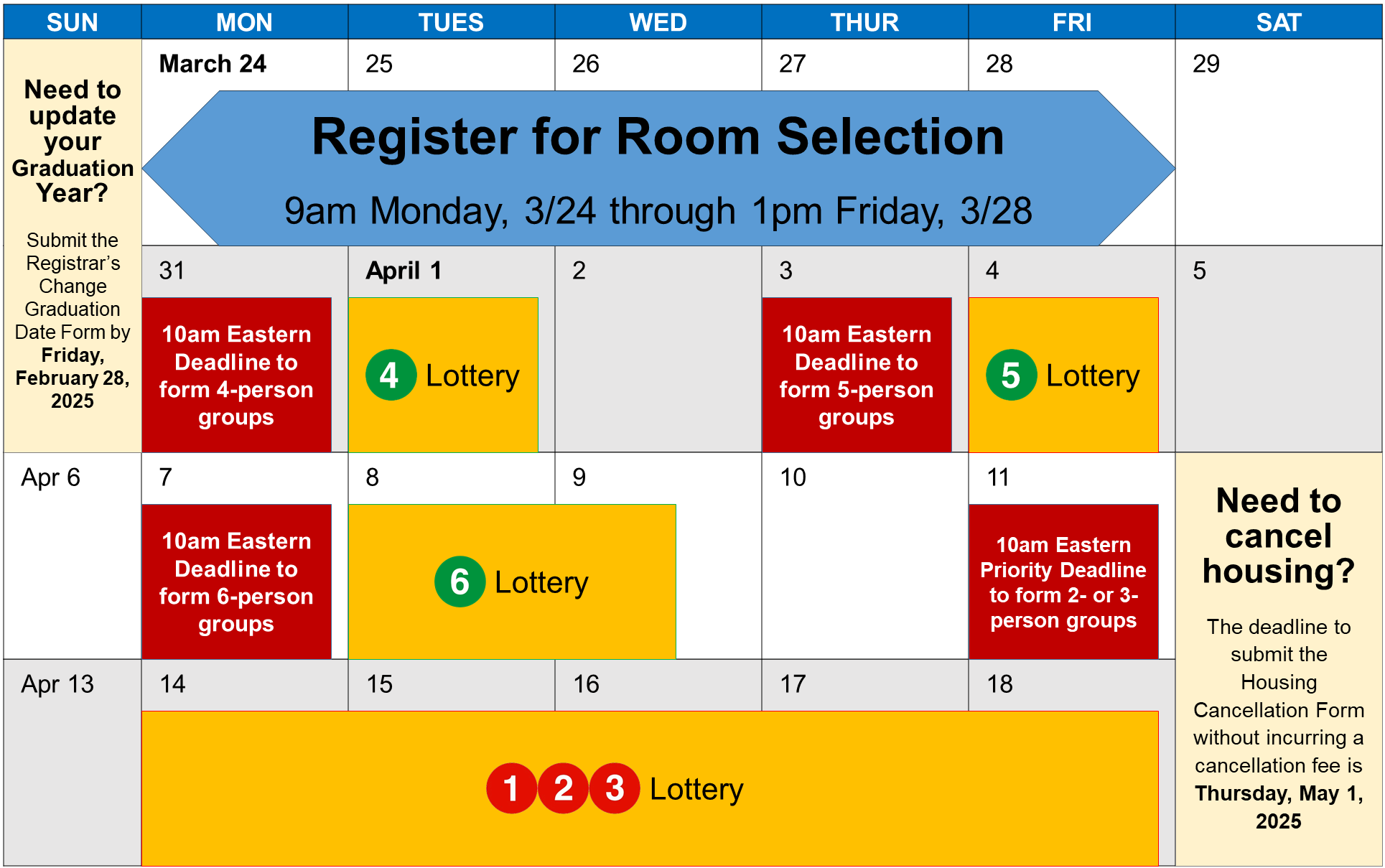 2025 Room Selection Calendar