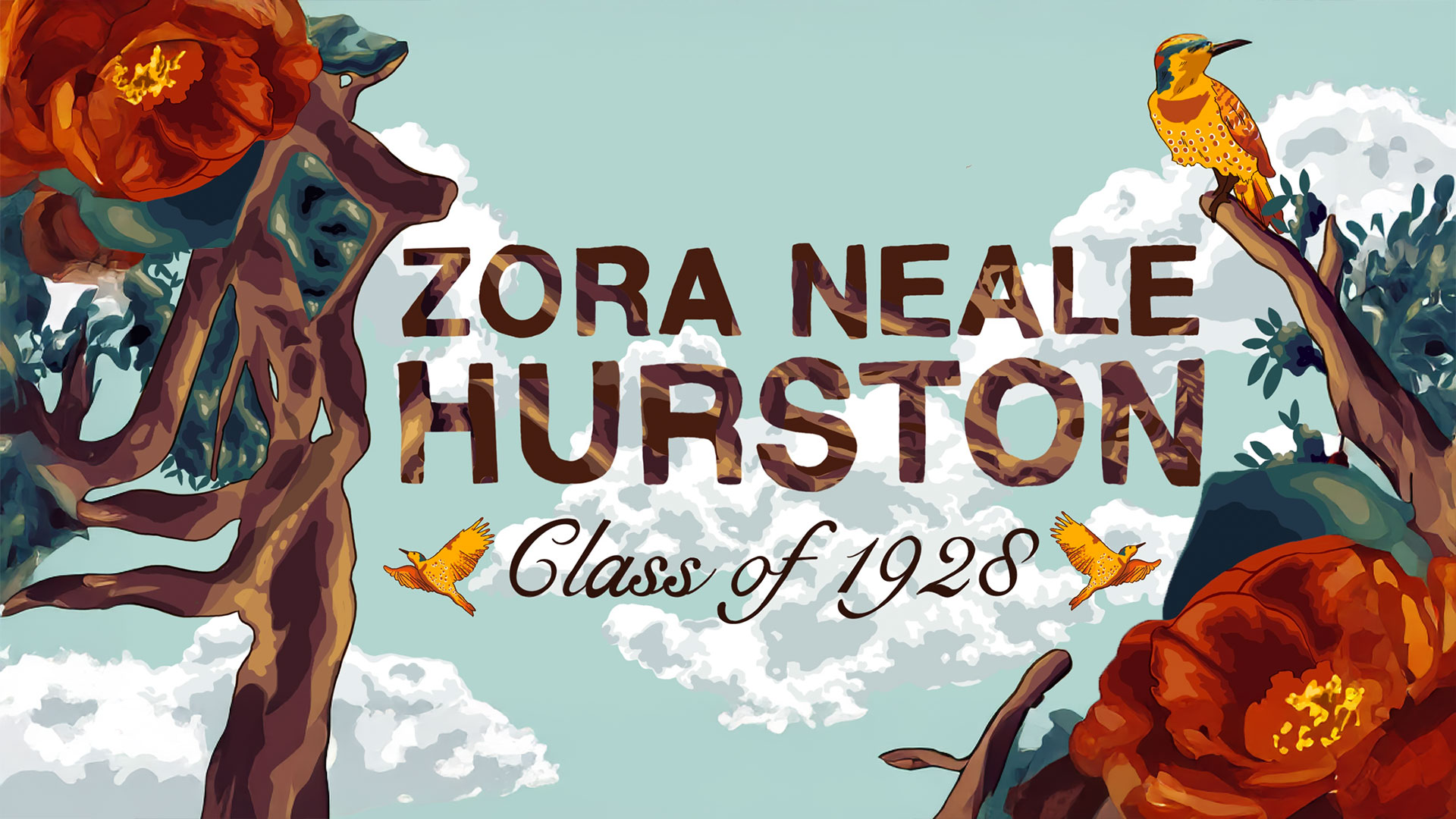 Illustration of birds, flowers, and clouds and Zora Neale Hurston Class of 1928