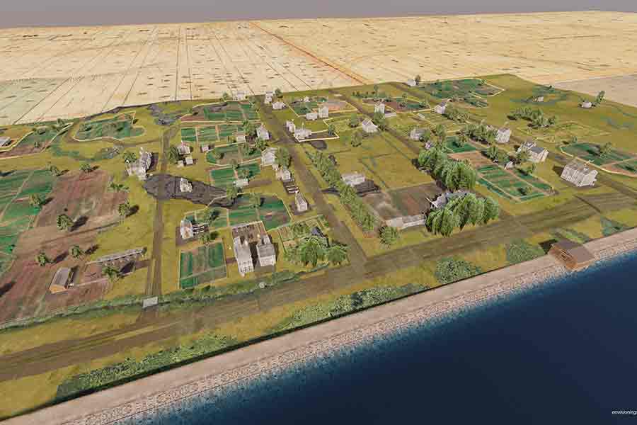 A bird's-eye view of Seneca Village visualization created by Barnard professors