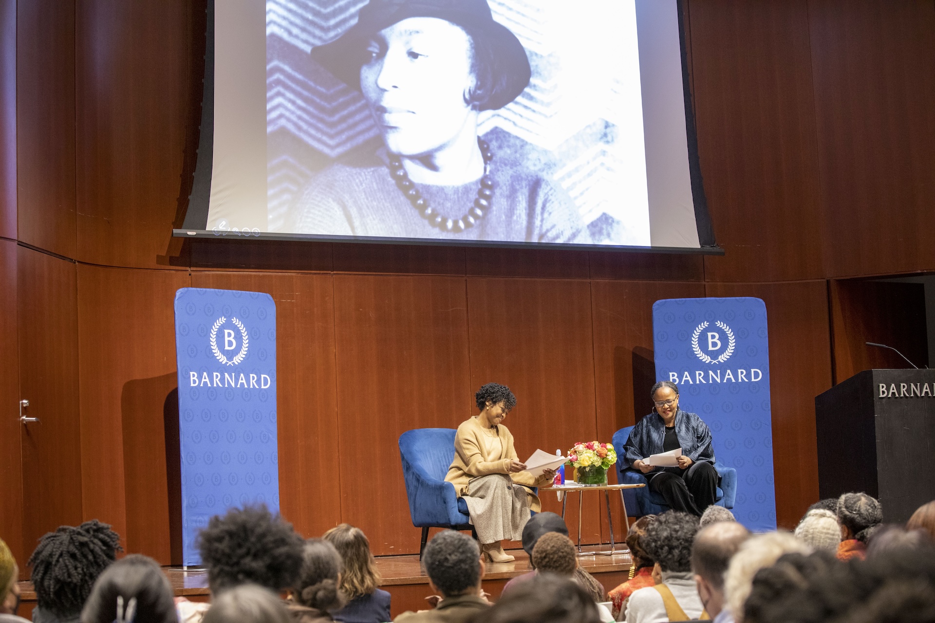 Edwidge Danticat '90 on stage at Zora Neale Hurston Event