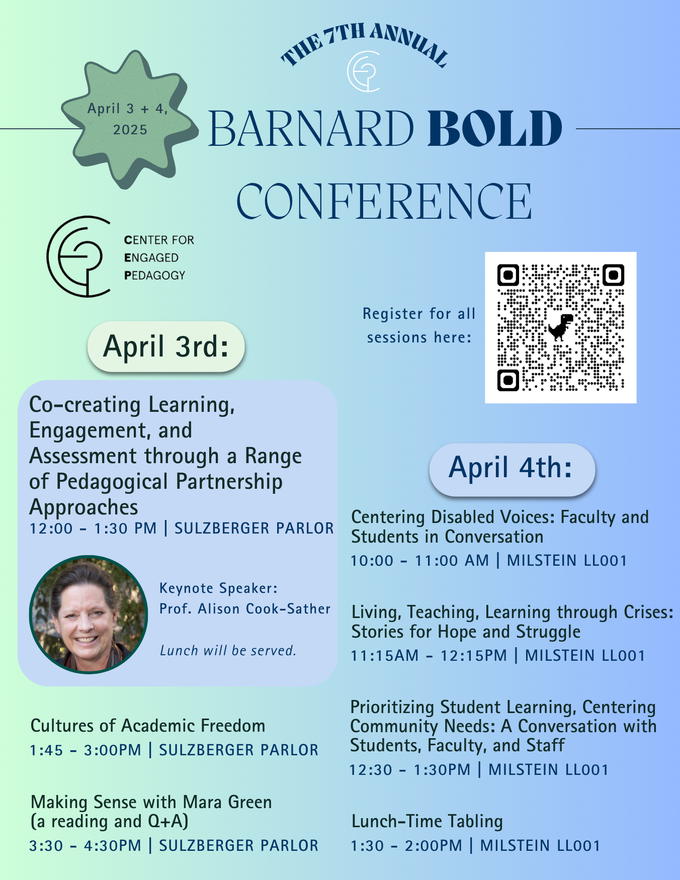 A flier titled “The Seventh Annual Barnard Bold Conference.” Below the title is the CEP logo. There are two columns of events, and a QR code in the upper right corner that users can scan for registration.
