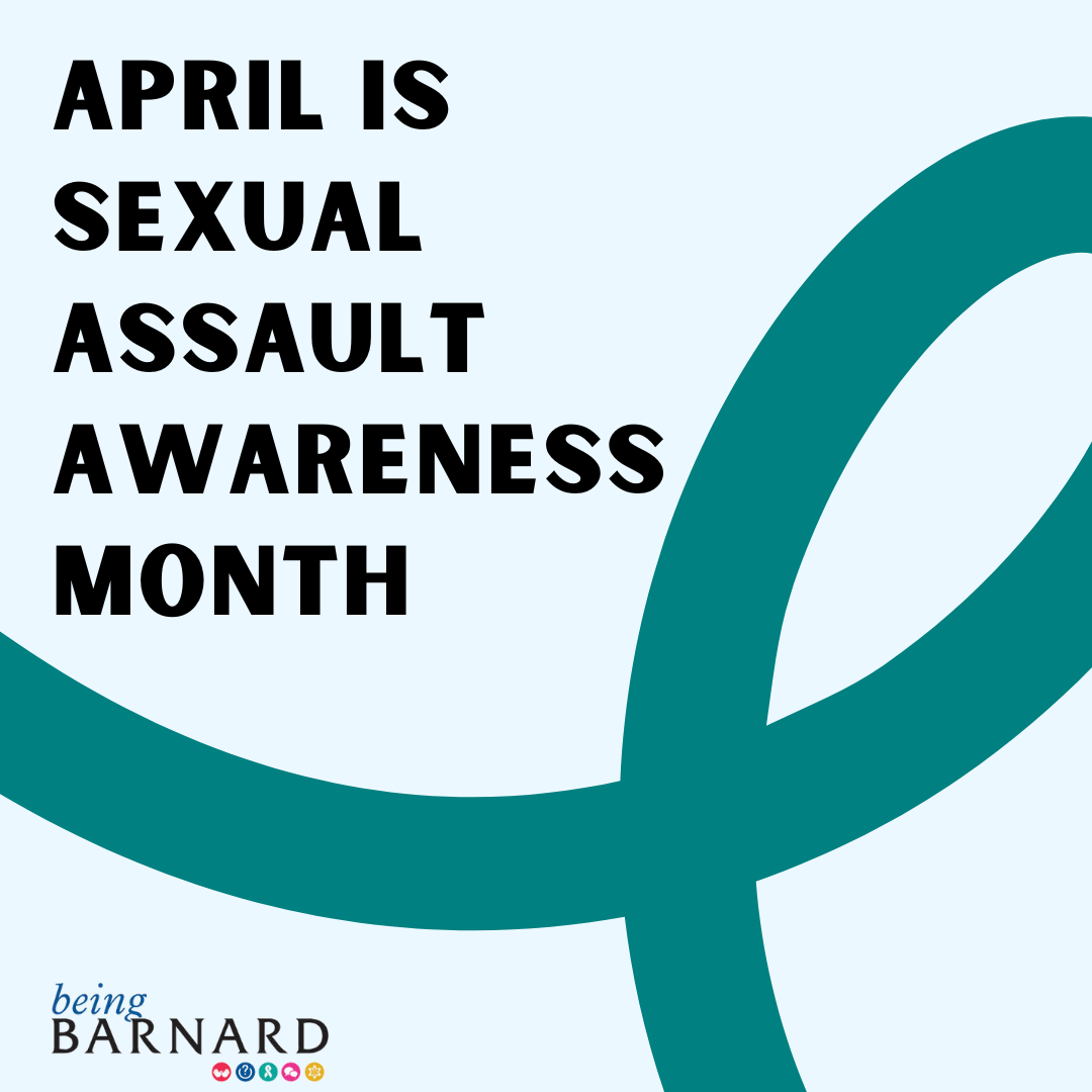 Teal ribbon in recognition of Sexual Assault Awareness month in bold black font.