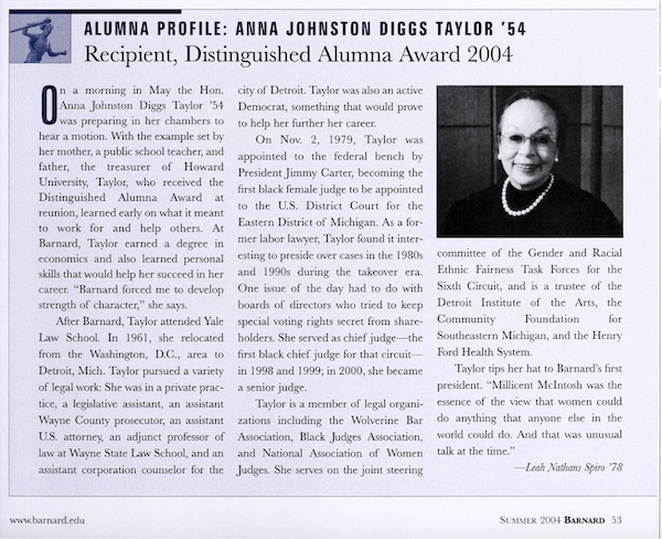 Anna Diggs Taylor '54 screenshot alumnae magazine