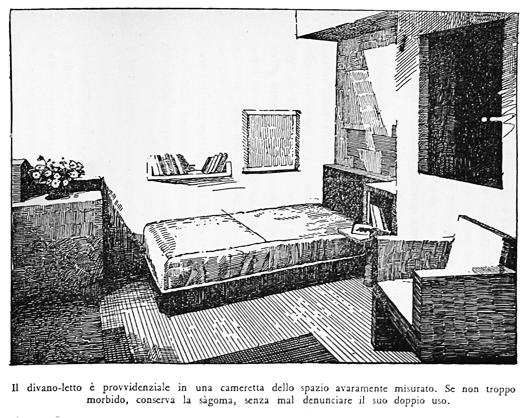 Black and white illustration of a bed in a room