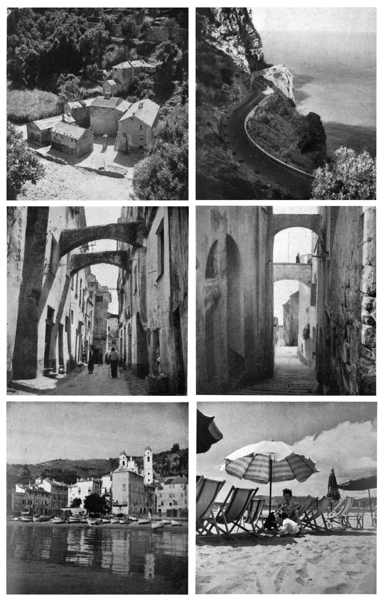 Six different black and white photos of beaches and architecture