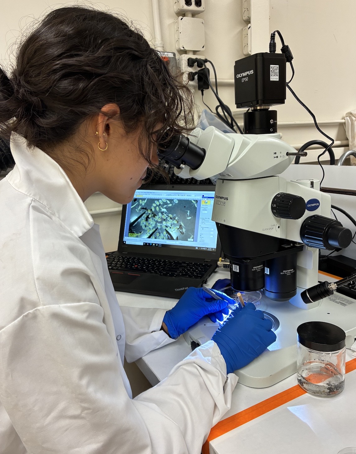 Nichole Ruiz peers into a microscope