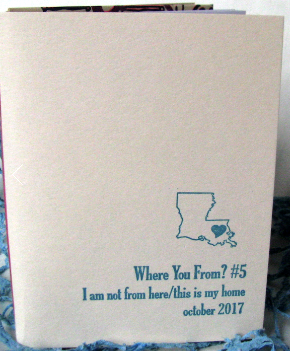 photo of a pamphlet stitched zine with a cardstock appearing cover. The art, in the bottom right, is an outline of Louisiana, with a heart where New Orleans is. The title text is in green, perhaps risograph printed?