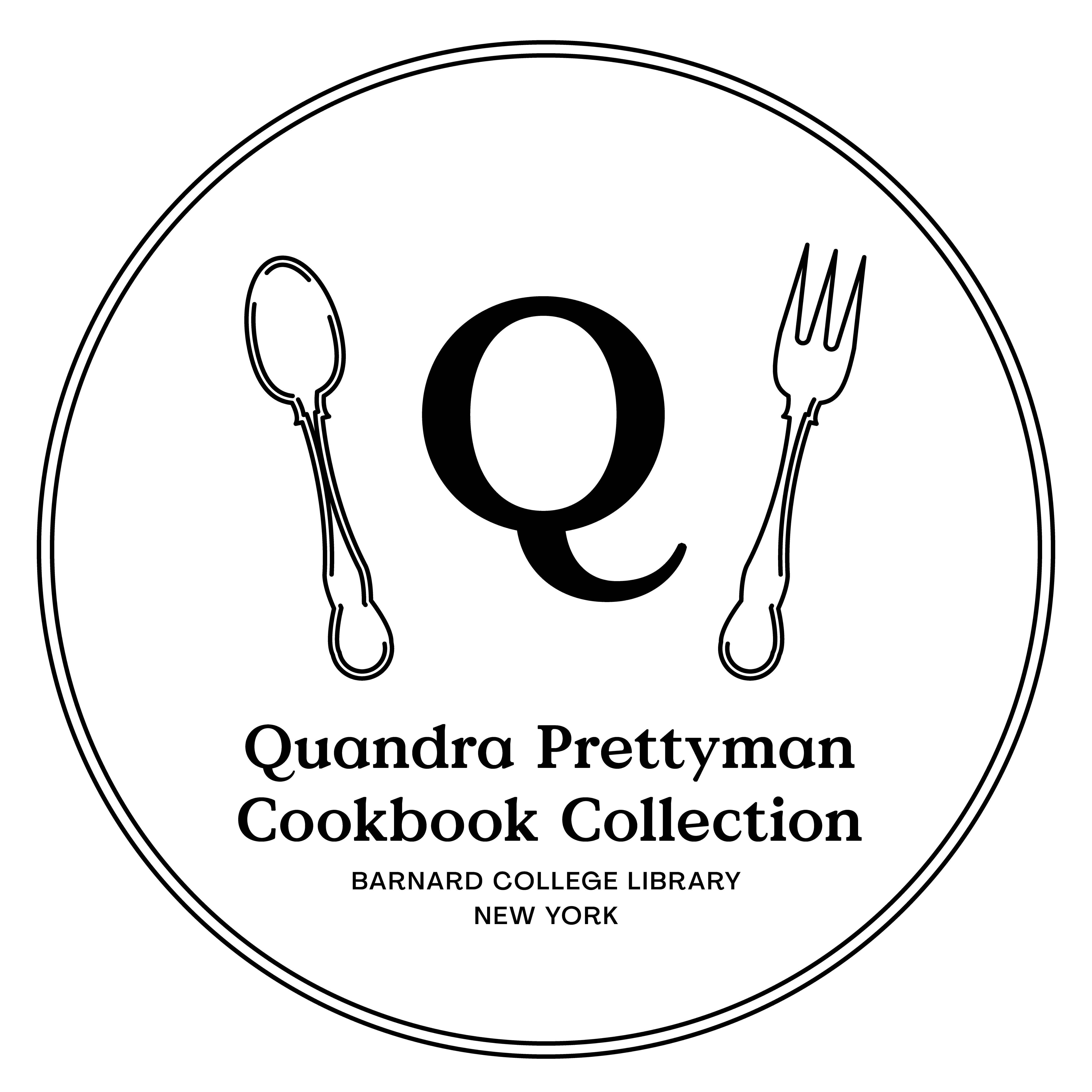 Bookplate for Quandra Prettyman Cookbook collection showing a Q with a spoon and fork
