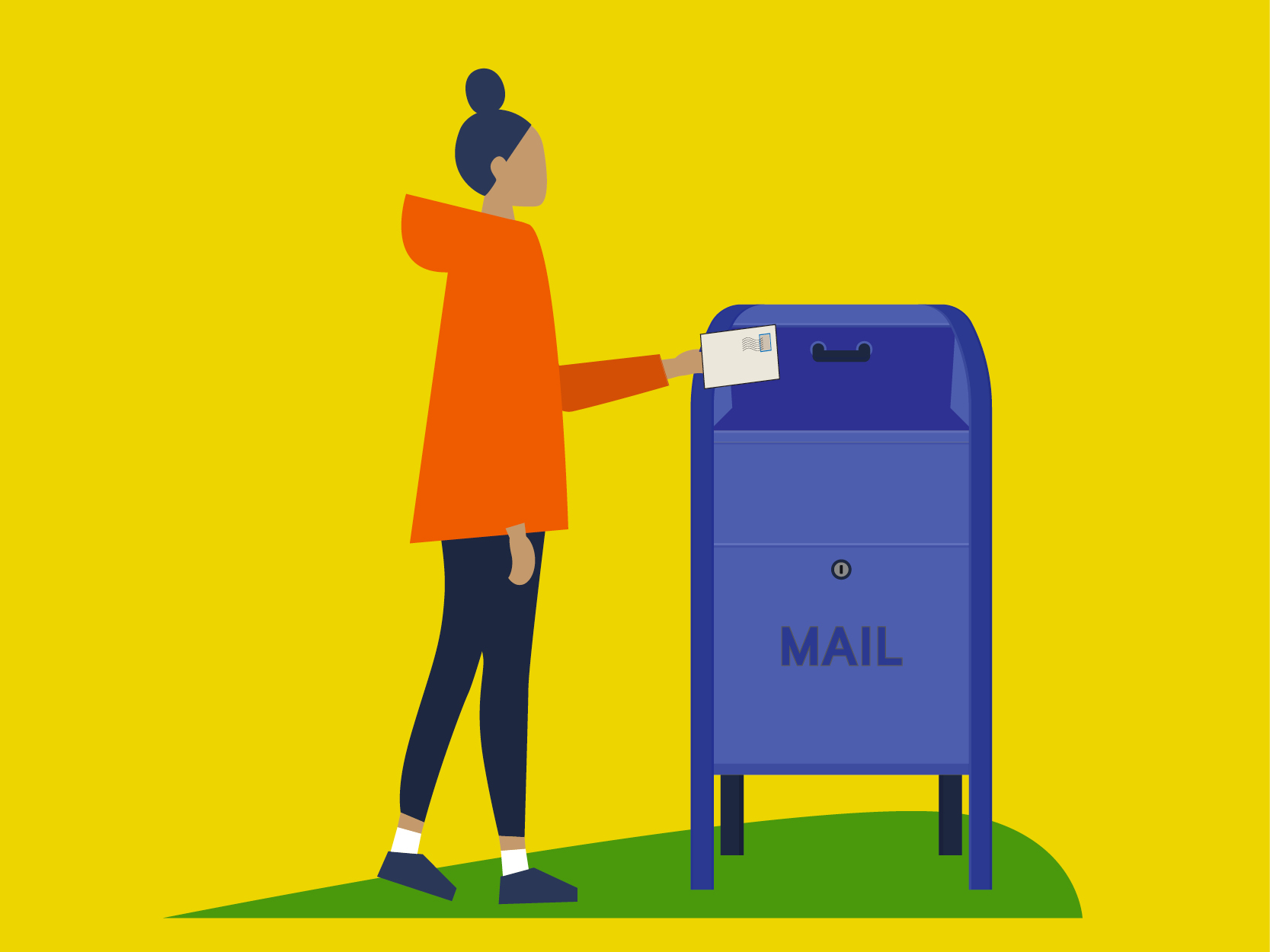illustration of woman putting a letter into a blue mailbox