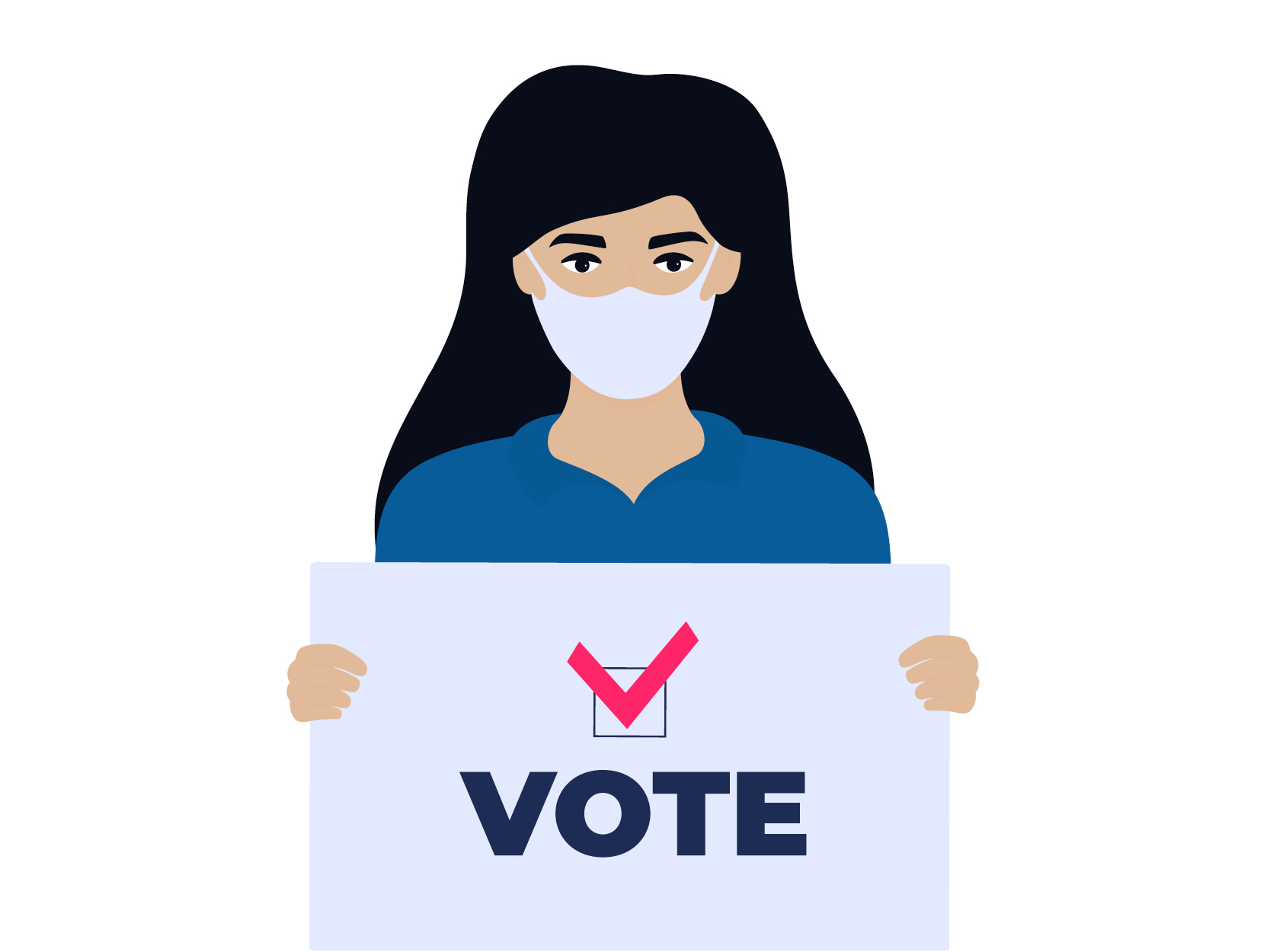 illustration of a woman wearing a mask, holding a vote sign