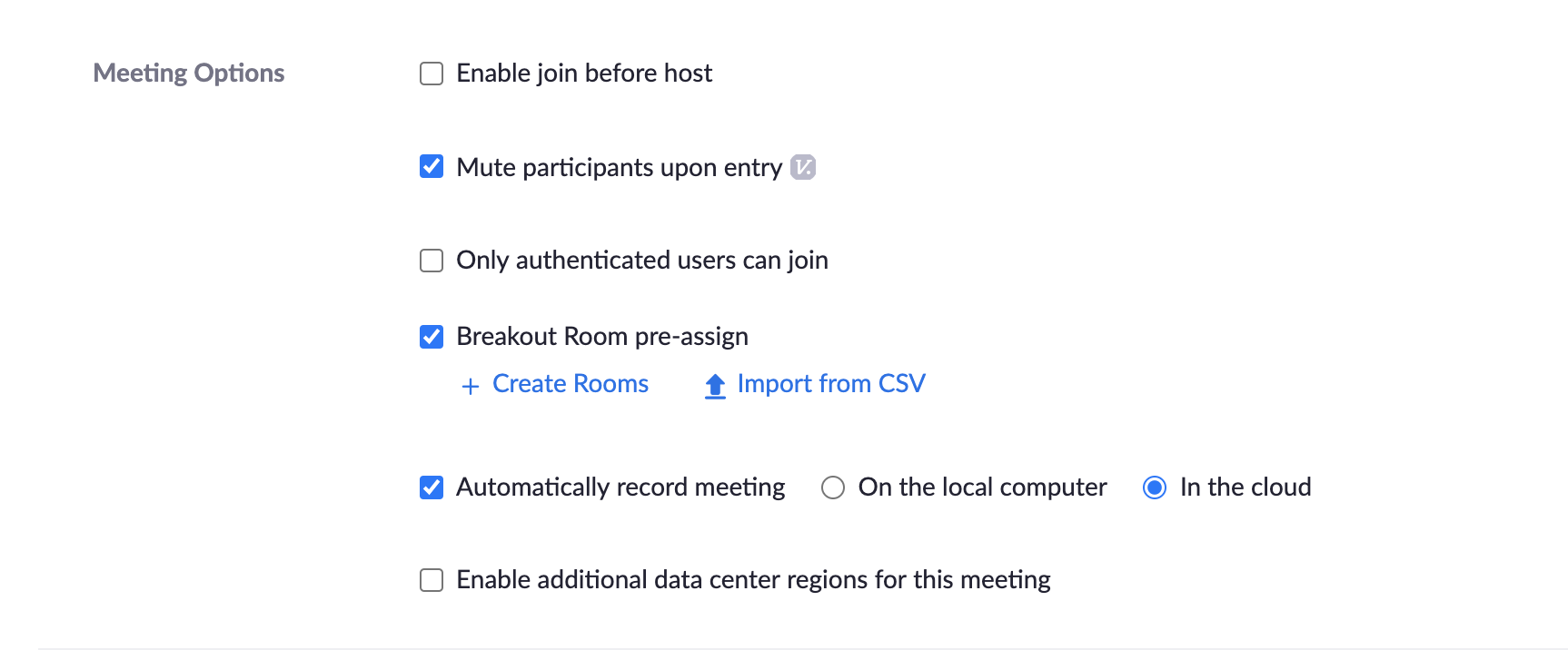 meeting options in Zoom for breakouts
