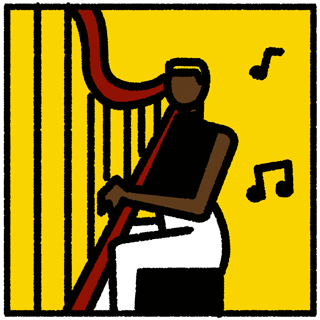 GIF with illustrated image of harpist followed by list of some unique talents