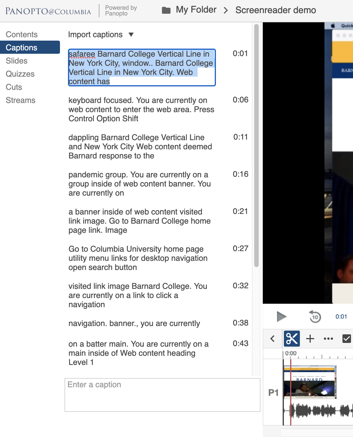 editing captions in Panopto