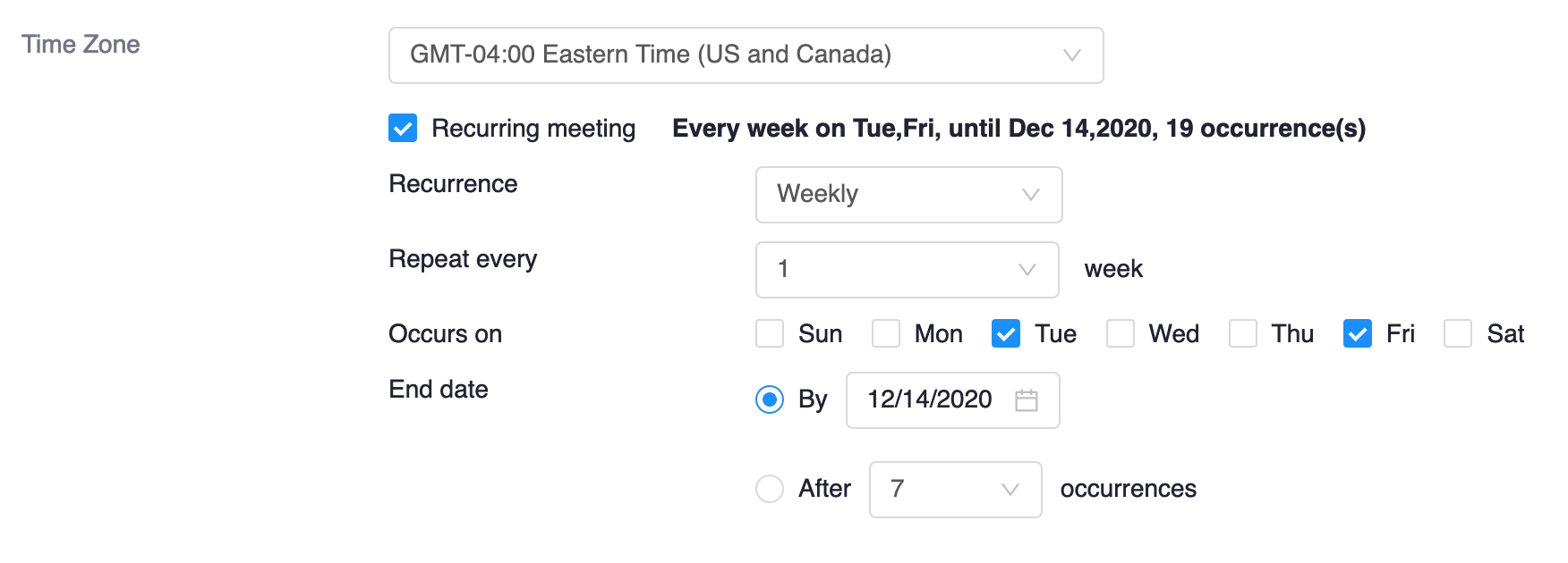 recurring meeting selection options, with weekly recurrence selected, two days of the week selected, and the end date set to the last day of classes