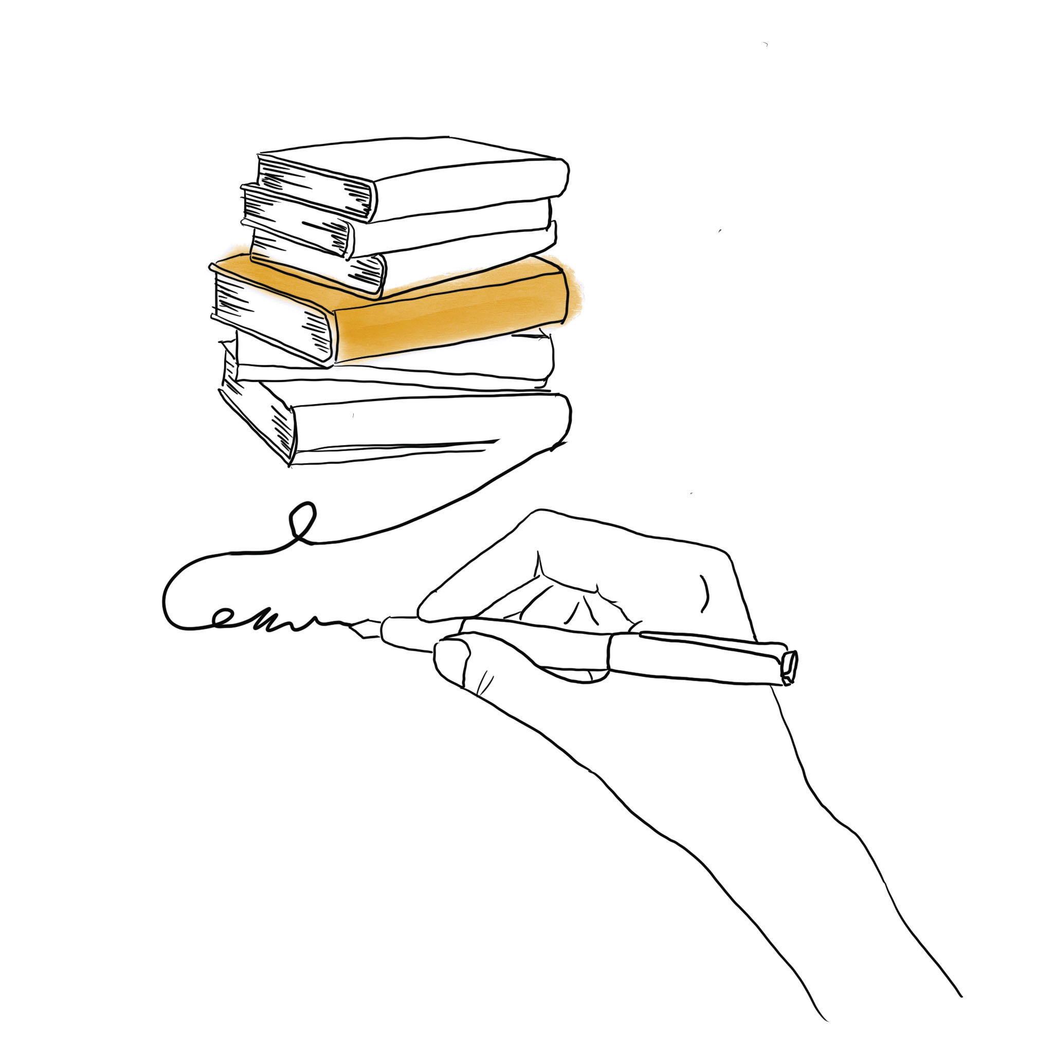 Illustration of books and a hand scribbling 