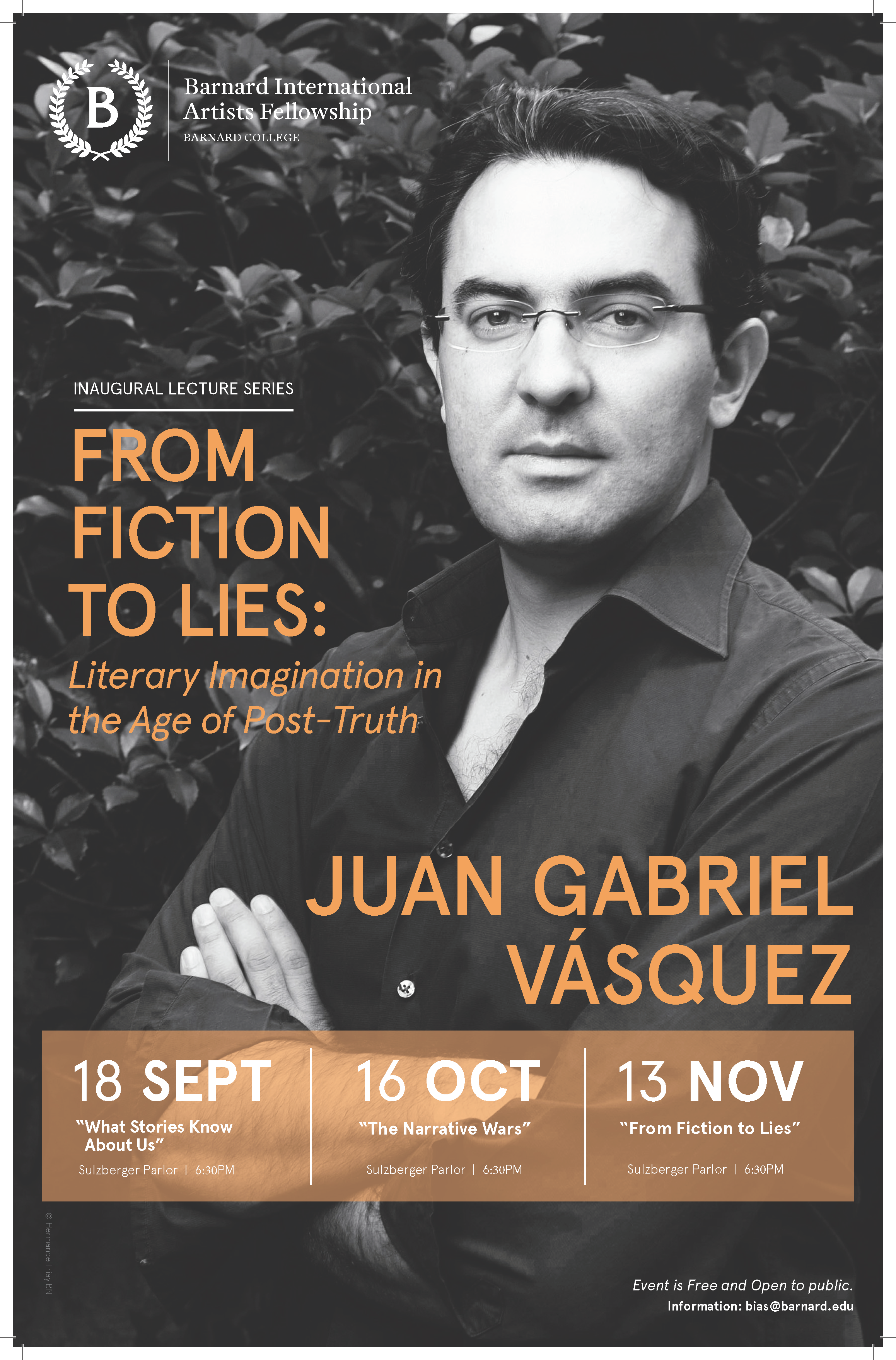Juan Gabriel Vasquez event poster with three dates