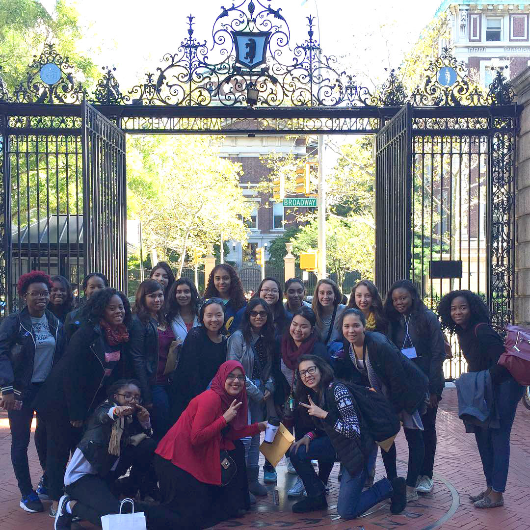 Barnard Bound students standing in front of main Barnard gates
