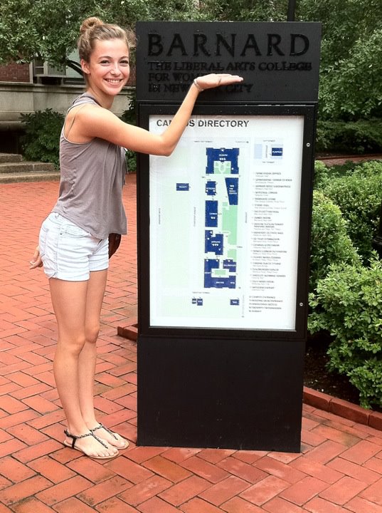 Rinehart in front of the campus directory on her first day at Barnard.