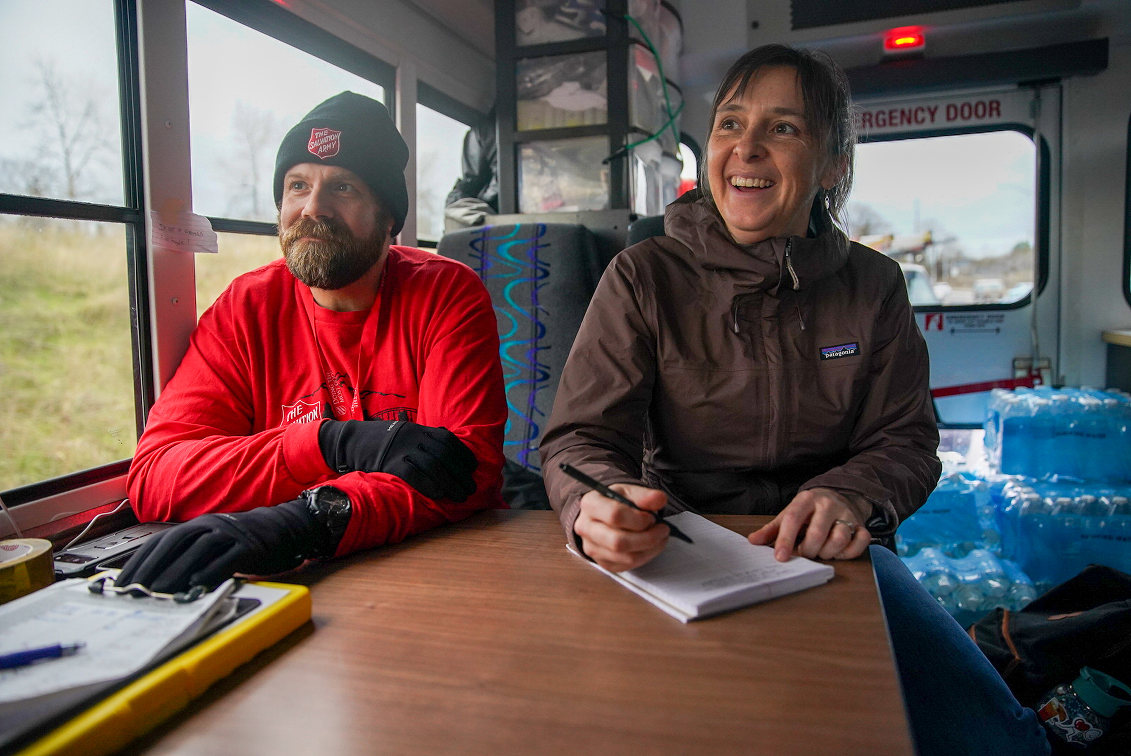 Lillian Mongeau Hughes interviewing a Salvation Army outreach worker. 