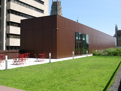 shows outdoor lawn space with adjacent patio and small red cafe tables on a rooftop. The back of the lawn is tall grass.