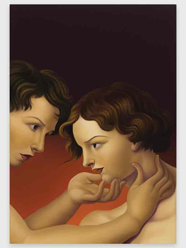 Painting of two women, with one holding the other's chin