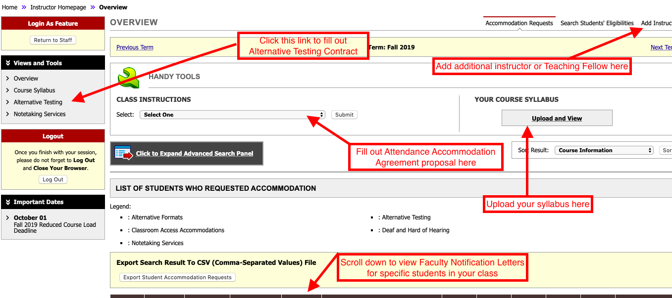 Screen shot of the Faculty Portal and its features