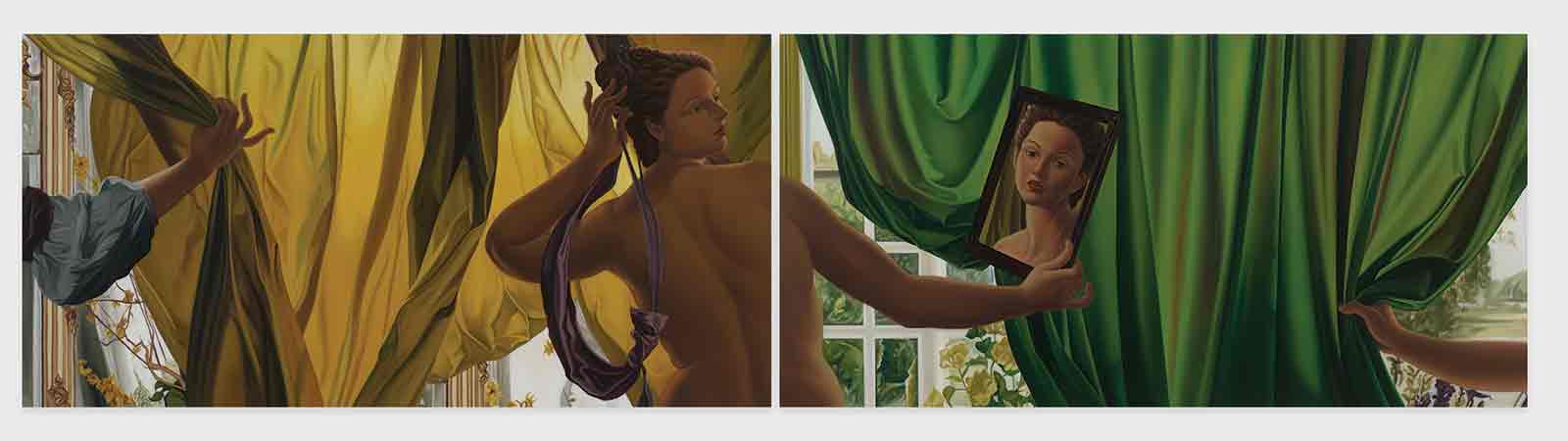 Painting of a nude woman looking into a mirror with gold and green drapes hanging behind her